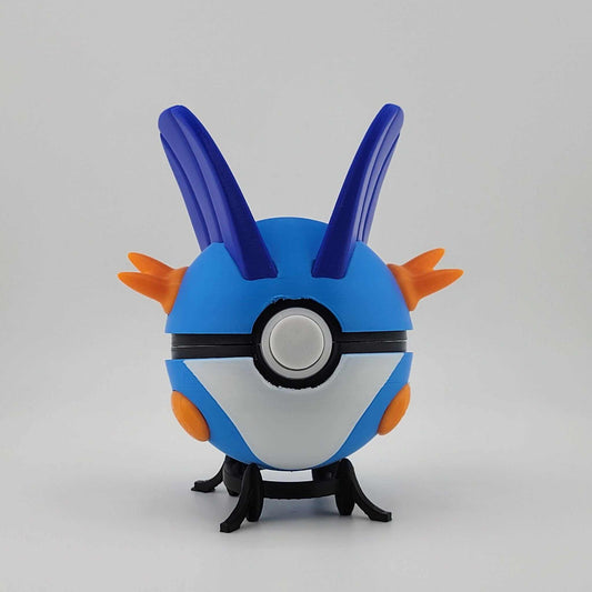 Swampert-themed 3D printed functional blue Poké Ball with orange fins and purple antennae inspired by Pokémon Swampert.