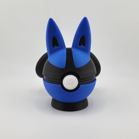 Lucario Pokeball toy, blue and black design with ears, fighting and steel type collectible.