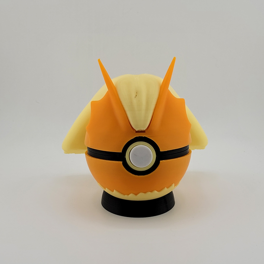 Blaziken Pokeball 3D printed toy on display.