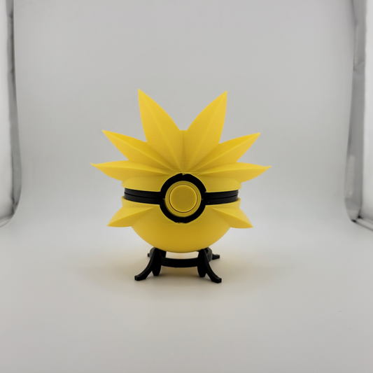 Zapdos Pokeball with dynamic yellow spikes on display stand.