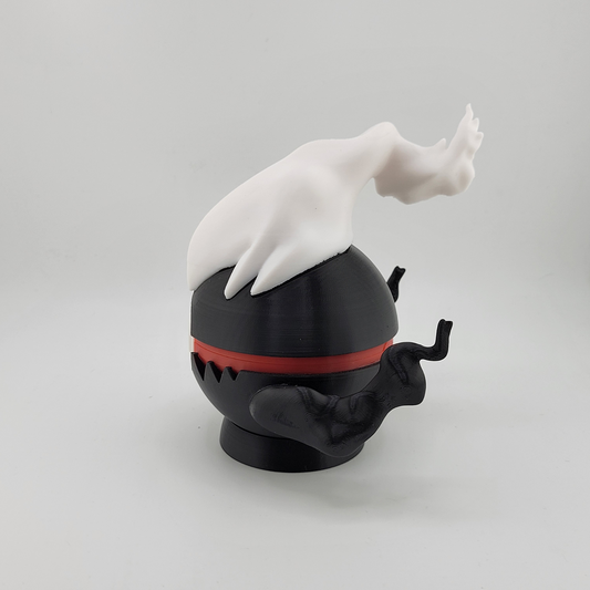 Darkrai-themed Pokeball featuring sleek design, 3D printed with PLA, inspired by legendary Pokémon.