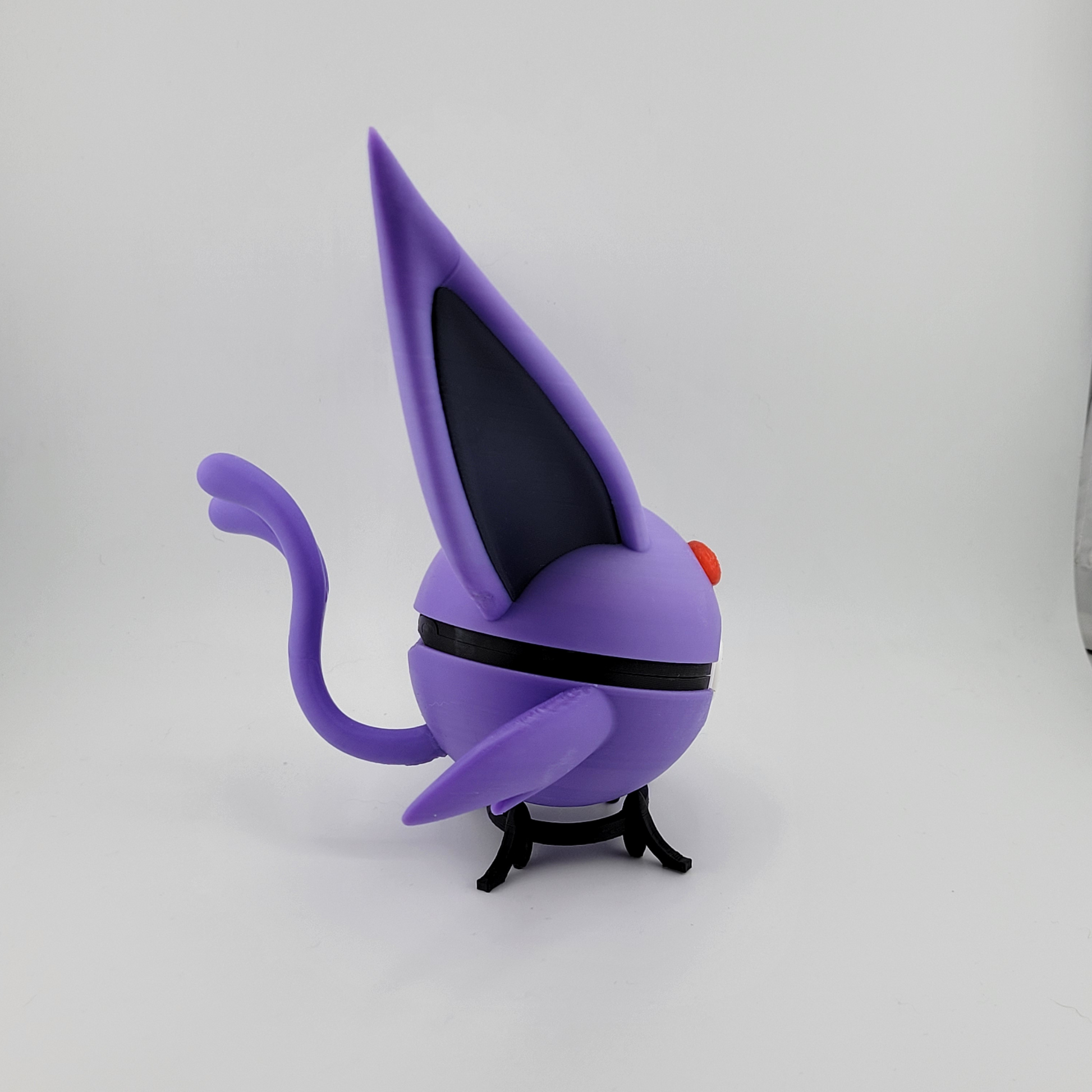 Espeon Pokeball, 3D printed PLA, psychic-type Eeveelution design, purple with prominent ears and tail, handcrafted collectible.