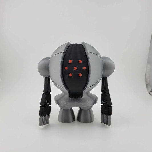 3D printed Registeel figure with articulated arms and metallic finish standing on white background