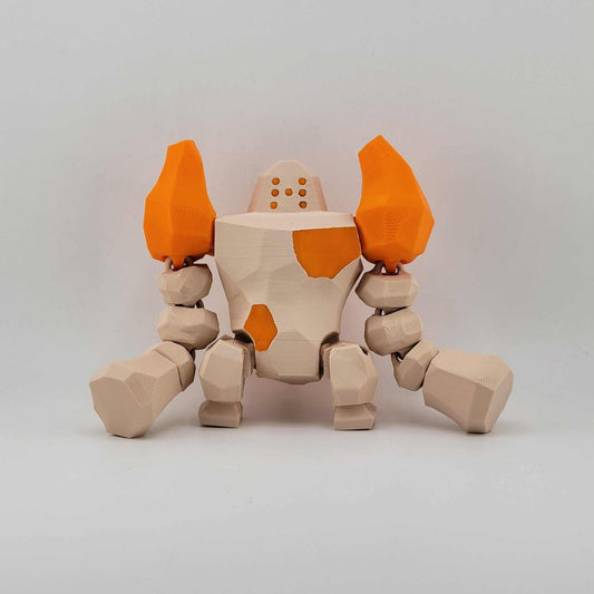 3D printed poseable Regirock figure with orange and beige boulder-like design, inspired by the legendary Pokémon.