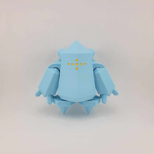 Small blue 3D printed poseable Regice figure with geometric design and yellow dot details