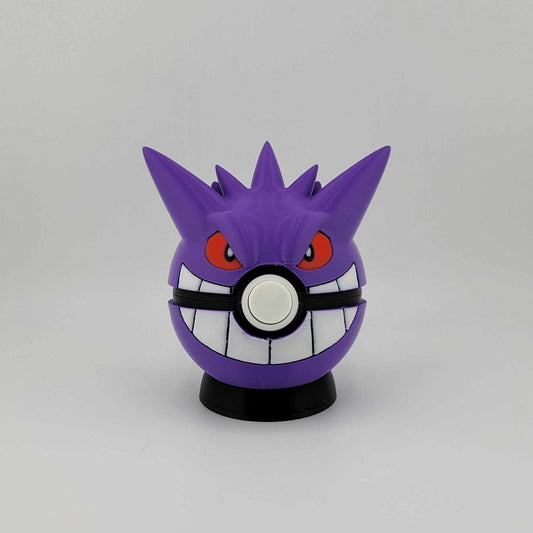 3D printed Gengar Pokeball with purple design, red eyes, and a latch button, perfect Pokémon collector's item and gift