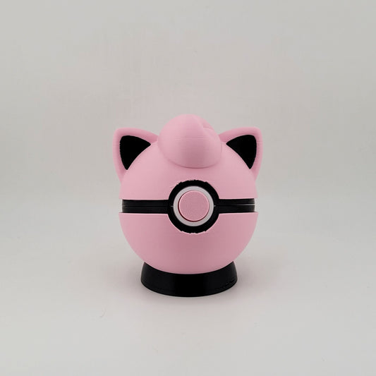 Pink Jigglypuff-themed 3D printed Pokeball with black detailing and functional latch.