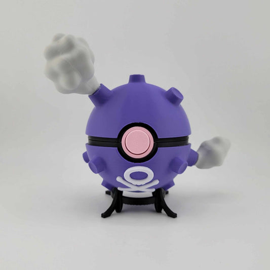 Purple Koffing Pokeball with gas smoke features and a pink button on a black stand