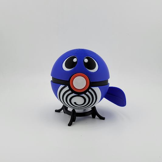 Poliwag Ball 3D printed toy with blue and black details, featuring big eyes and a spiral pattern.