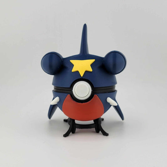 3D printed Garchomp-themed Pokeball with blue, red, and yellow details, designed as a collectible display piece.