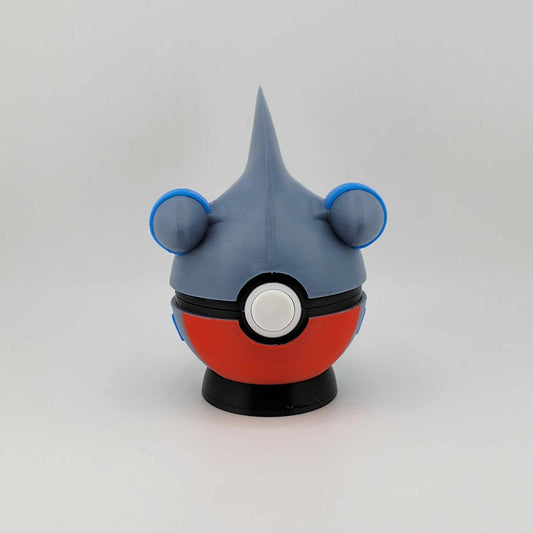 3D printed Gible-themed Pokeball with blue and gray dragon-inspired design and red lower half.