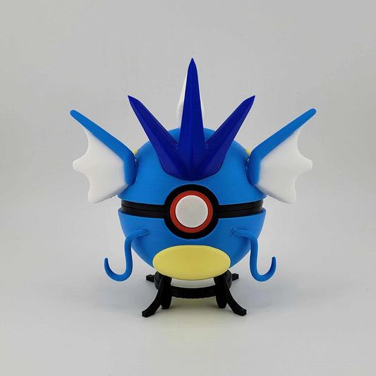 3D printed Gyarados Pokeball with blue spikes and fins, handcrafted from durable PLA plastic, inspired by Pokémon's Gyarados design.