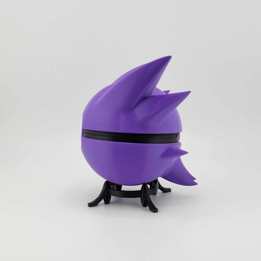 Purple 3D printed Haunter-themed Pokeball with spiked design, handcrafted collectible display piece