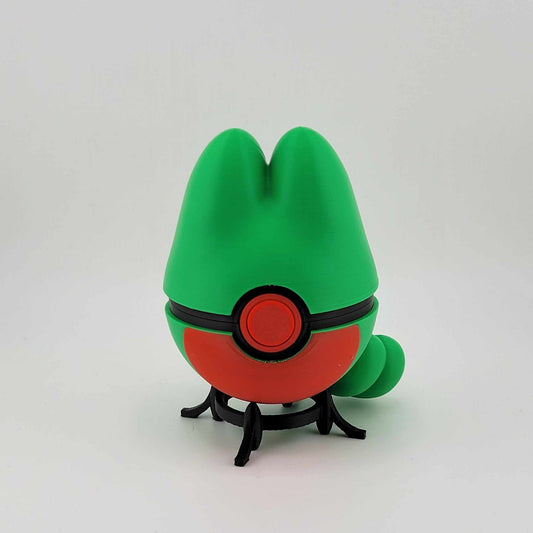 3D printed Treecko Pokeball with green and red grass-type design, handcrafted from durable PLA plastic.