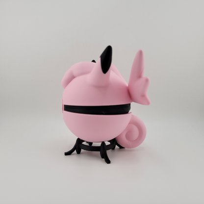 Clefable-themed Pokéball, 3D printed, pink and black design, open latch, held in hand.