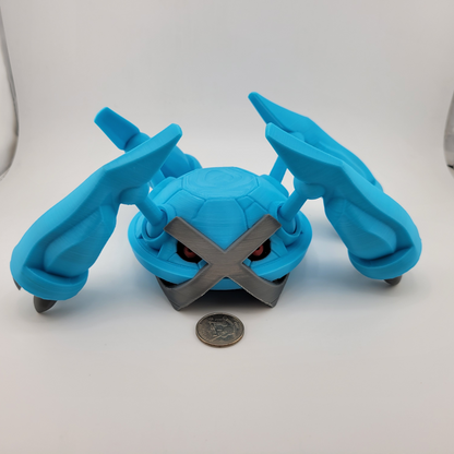 Metagross 3D printed Pokémon model with blue magnetic arms and silver cross detail.