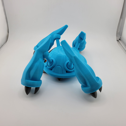 Blue 3D printed Metagross toy with articulated limbs.