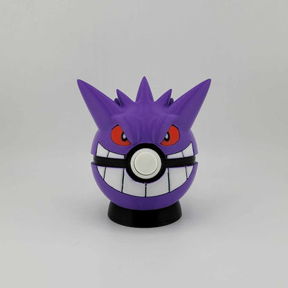 3D printed Gengar Pokeball with purple design, red eyes, and a latch button, perfect Pokémon collector's item and gift