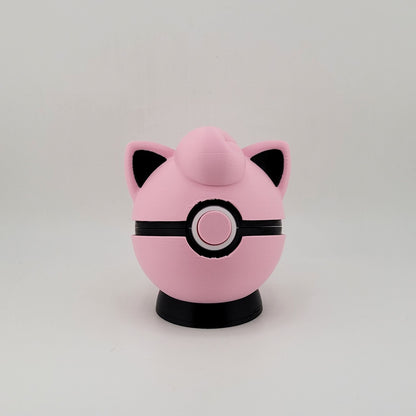 Pink Jigglypuff-themed 3D printed Pokeball with black detailing and functional latch.