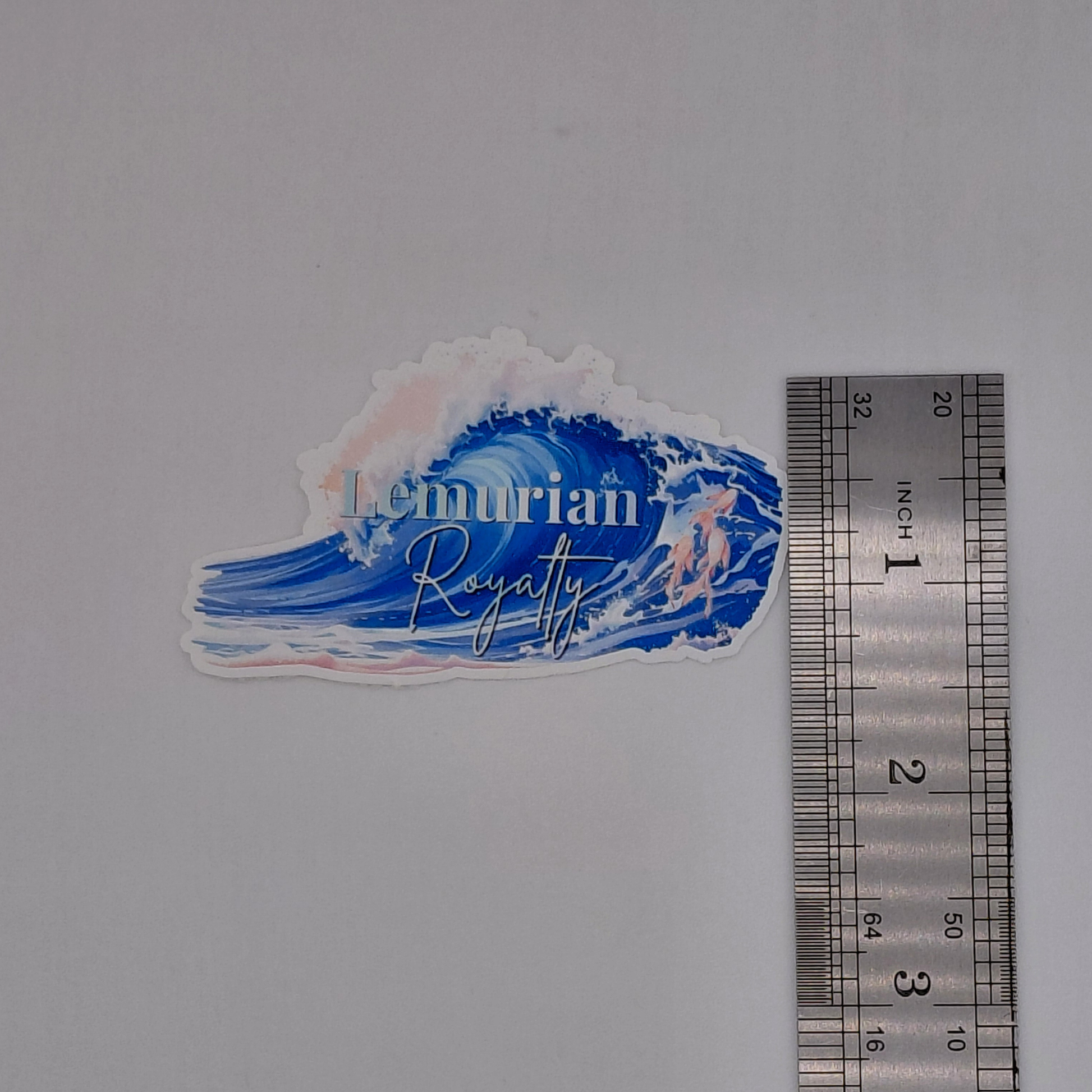 Love and Deepspace Rafayel Lemurian Royalty vinyl sticker featuring a large ocean wave in shades of blue with soft pink accents and elegant typography. Anime-inspired waterproof decal perfect for laptops, water bottles, journals, gaming accessories, and otome game collections. Aesthetic ocean-themed sticker designed for fans of Rafayel and Love and Deepspace.