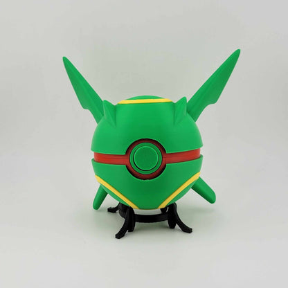 Green and yellow 3D printed Rayquaza Pokeball with red button and pointed ears on black stand